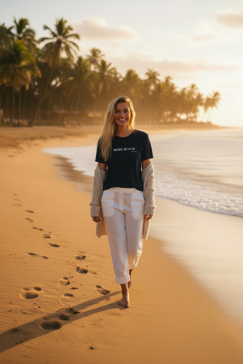 More Beach tee with chunky beige cardigan on beach model