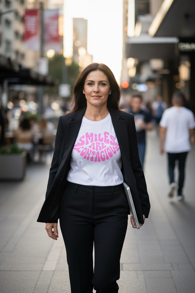 Smiles Are Contagious - Pink black suit laptop
