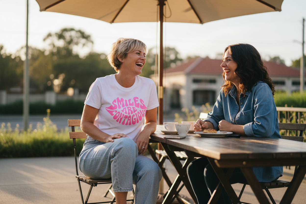 Smiles Are Contagious - Pink sitting with friend